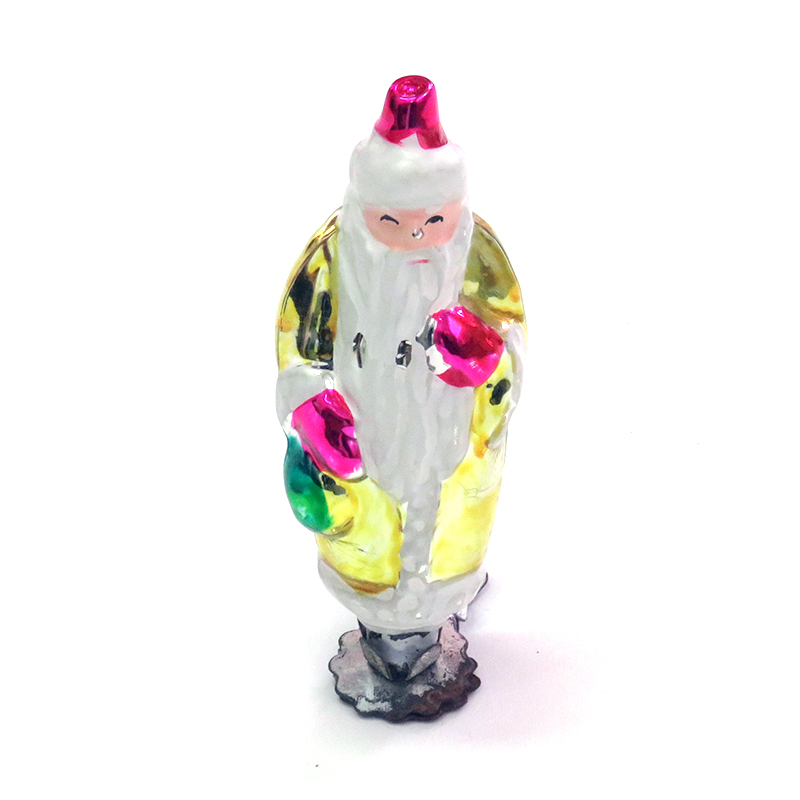 06 Игрушка ёлочная Дед Мороз. В шубе золотистого цвета с белой опушкой шапка и рукавицы малиновые мешок зеленый. На прищепке. СССР 1960-е гг..jpeg